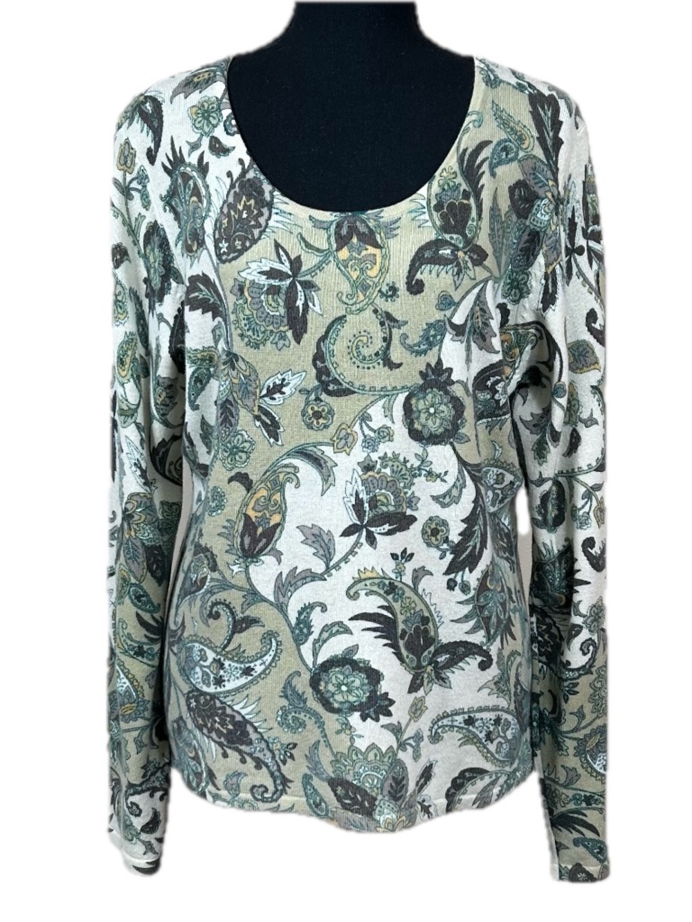 Geneva Cashmere Paisley Olive Cream Crew Neck Pullover Sweater Size XL